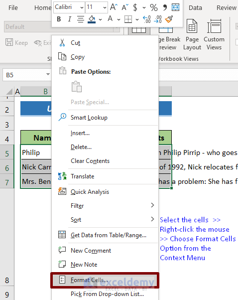 Choosing Format Cells option in Excel from the Context Menu