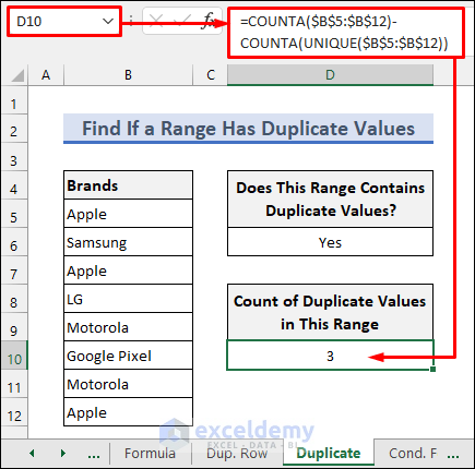 Formula with COUNTA and UNIQUE Functions to Find the Number of Duplicate Values in a Range