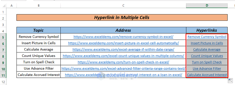 How to hyperlink multiple cell in excel using Hyperlink Function