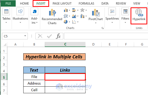 How to hyperlink multiple cell in excel using menu