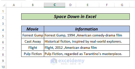 How to space down in Excel by shortcut