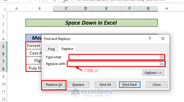 How to space down in Excel by find and replace
