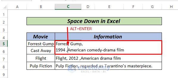 How to space down in Excel by shortcut