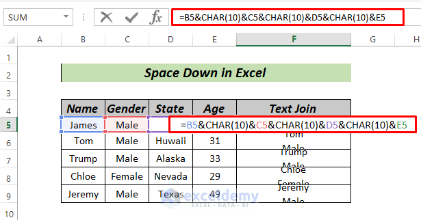 How to space down in Excel by formula
