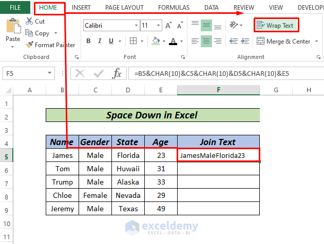 How to space down in Excel by CHAR function