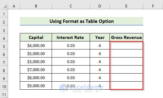 Using “Format as Table” Option to Create a Table with Data
