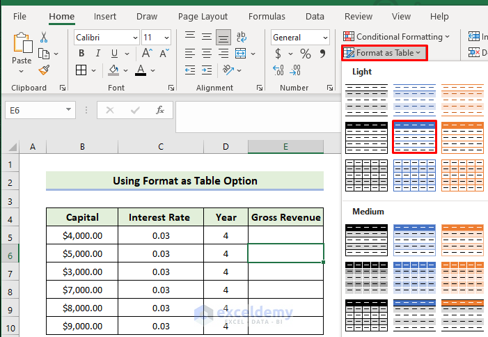 select format as table option