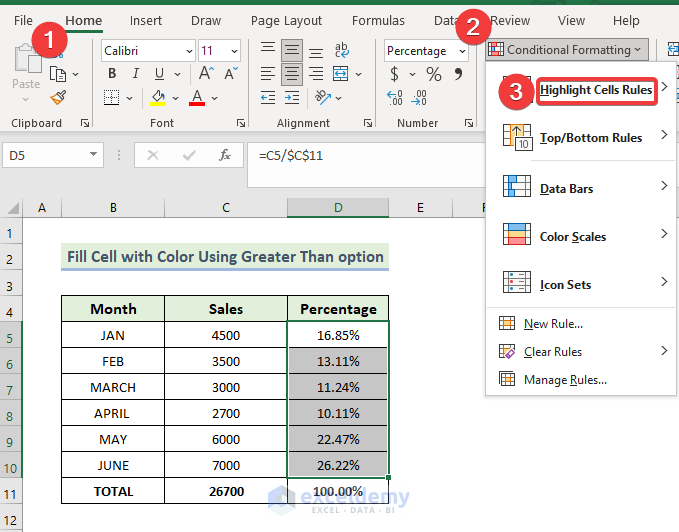 Using Greater Than Option to Fill Cell with Color Based on Percentage