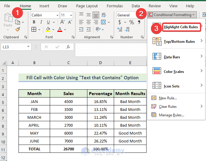 Text That Contains Option to Fill Cell with Color in Excel