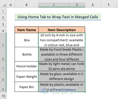 Using Home Tab to Wrap Text in Merged Cells