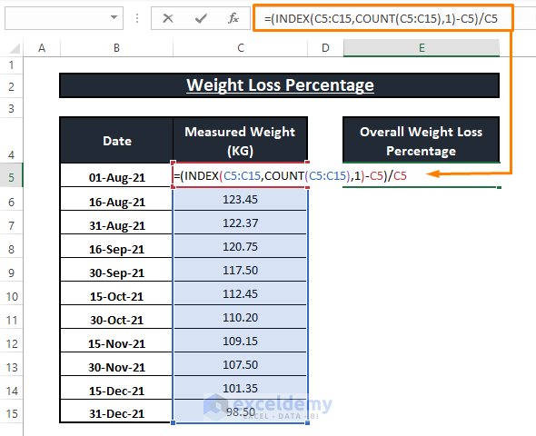 INDEX formula-How to Calculate Weight Loss Percentage in Excel