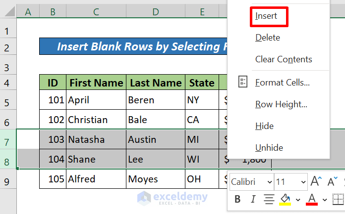 Insert Multiple Blank Rows in Excel by Selecting Rows