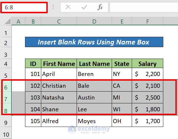 Insert Multiple Blank Rows in Excel Using Name Box