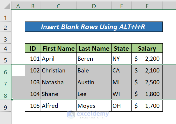 Insert Multiple Blank Rows in Excel Using ALT+I+R