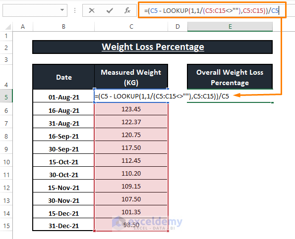 LOOKUP formula-Calculate Weight Loss Percentage in Excel