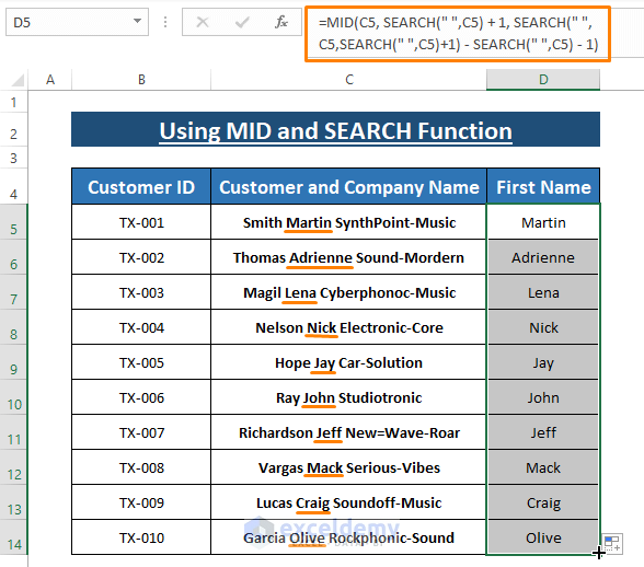 MID and SEARCH Function-Excel Extract Text Between Two Spaces