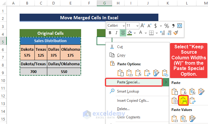 Using Paste Special Command to move merged cells in Excel