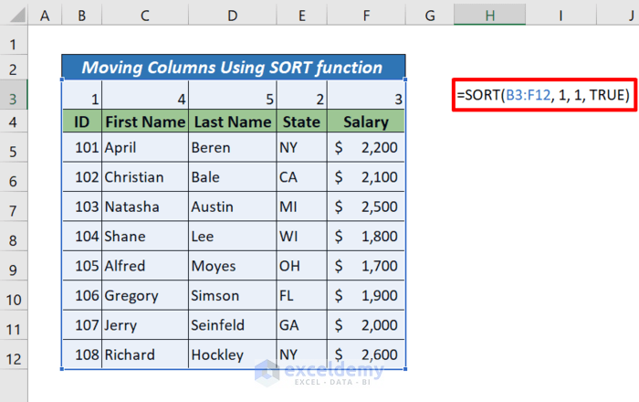 Move Multiple Columns in Excel Using SORT Function