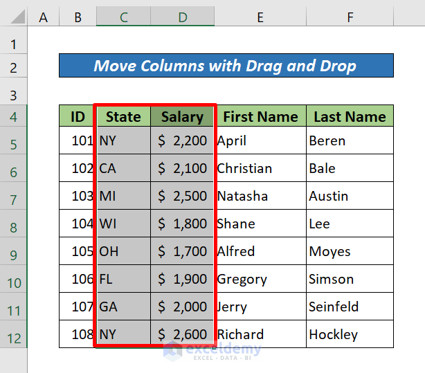 Move Multiple Columns in Excel with Drag and Drop (Result)