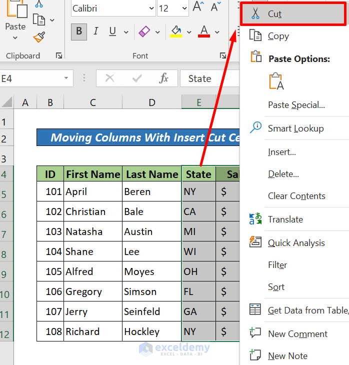 Move Multiple Columns in Excel with Insert Cut Cells