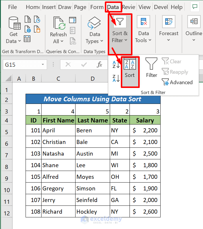 Move Multiple Columns in Excel Using Data Sort