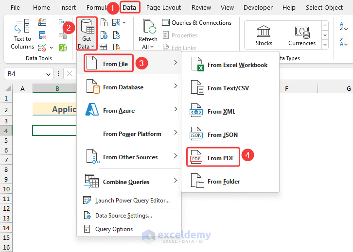 Opening Get Data Feature for the PDF File