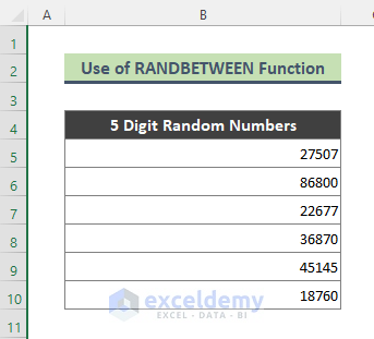 Excel RANDBETWEEN Function as 5 Digit Number Generator