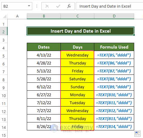 Use of TEXT Function to Insert Day and Dates