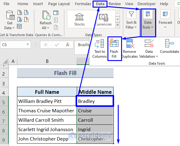 Separate the First, Middle, or the Last Name Using Flash Fill in Excel 2013, 2016, 2019 & 365