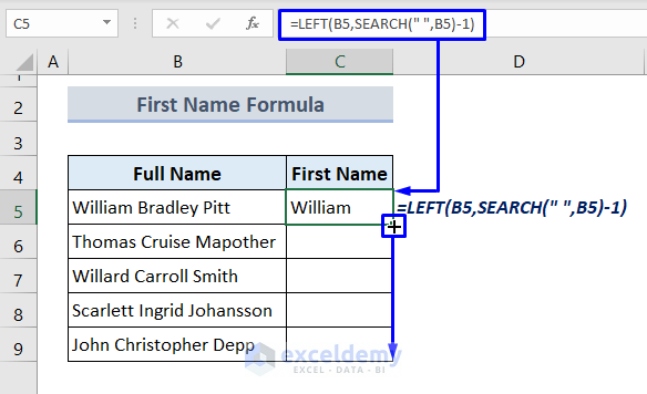 Use LEFT and SEARCH Functions to Separate First Name in Excel