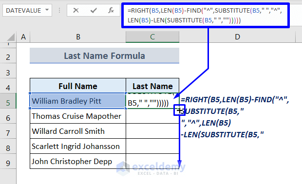 Combine RIGHT, SEARCH, SUBSTITUTE, and LEN Functions to Separate the Last Name in Excel