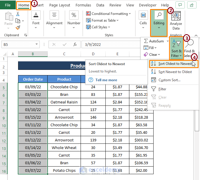Sort & Filter-Sort Rows by Date in Excel 