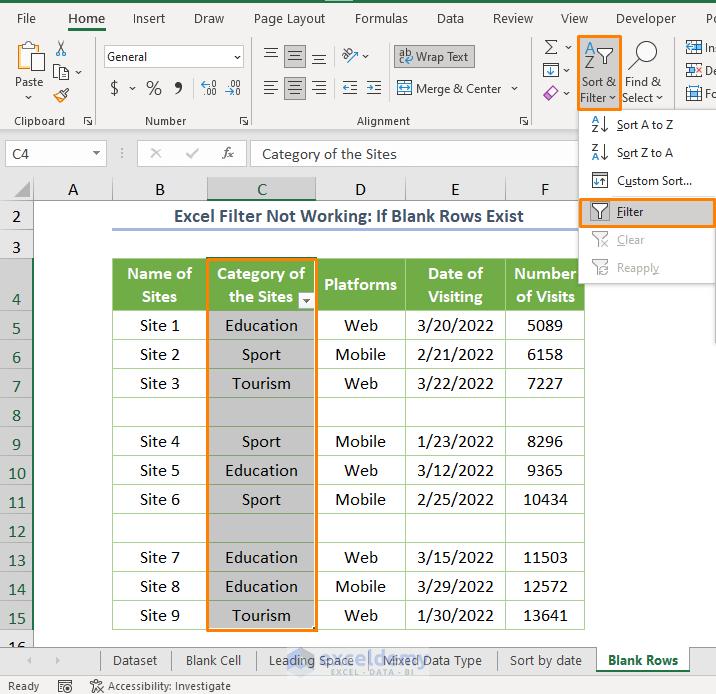 Sort and Filter in Excel Not Working If Blank or Hidden Rows Exist