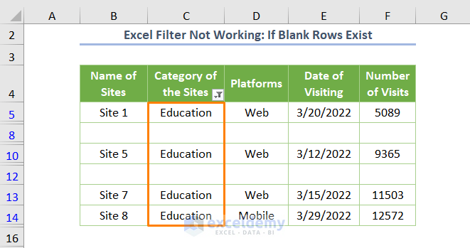 Sort and Filter in Excel Not Working If Blank or Hidden Rows Exist