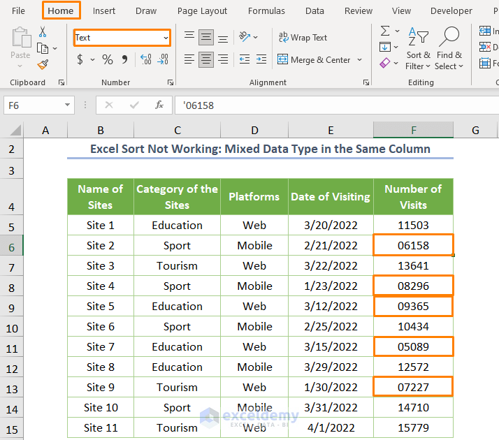 Sort and Filter in Excel Not Working Mixed Data Type in the Same Column