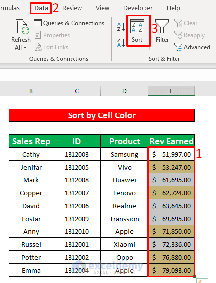 Apply Sort Command to Solve the Sort by Cell Color Not Working Error in Excel