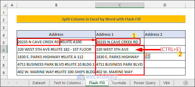 Split Column by Word with Flash Fill in Excel
