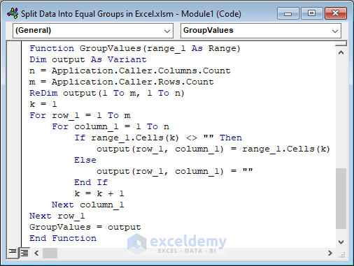 Use a Custom VBA Function to Split Data into Equal Groups