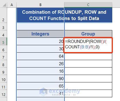 Combination of ROUNDUP, ROW, and COUNT Functions to Split Data in Excel