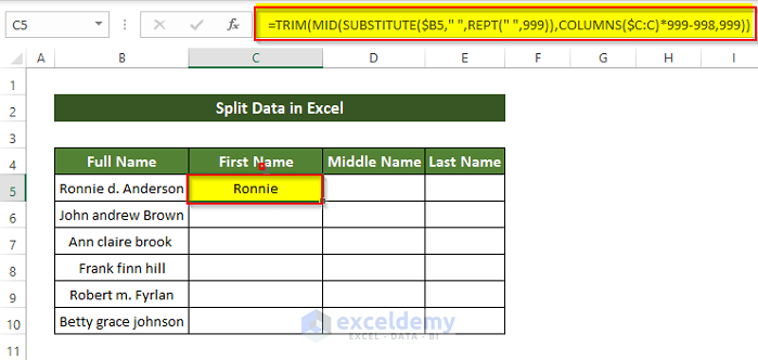 Trim and Mid Function Formula to Split Data