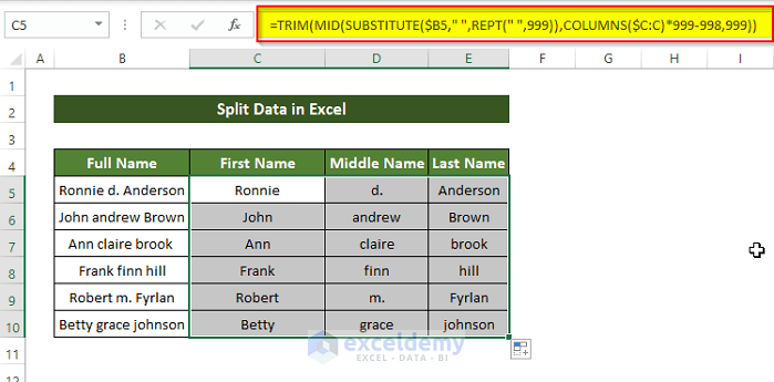 Trim and Mid Function Formula to Split Data