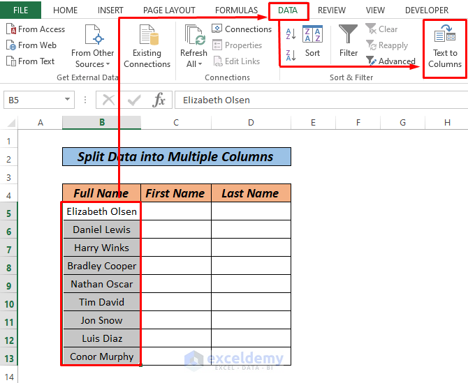 Split Data in One Excel Cell into Multiple Columns Text to columns