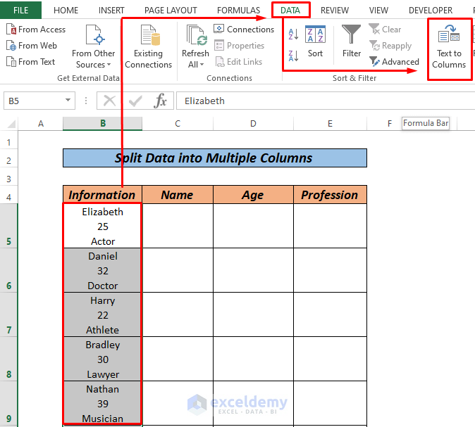 How to Split Data in One Excel Cell into Multiple Columns using Other option