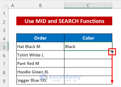 Insert MID and SEARCH Functions in Excel to Split Text