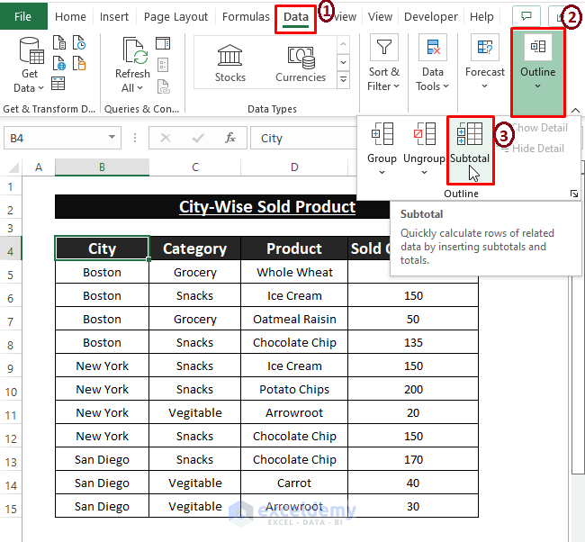 Subtotal Feature-Excel Group Rows with Same Value