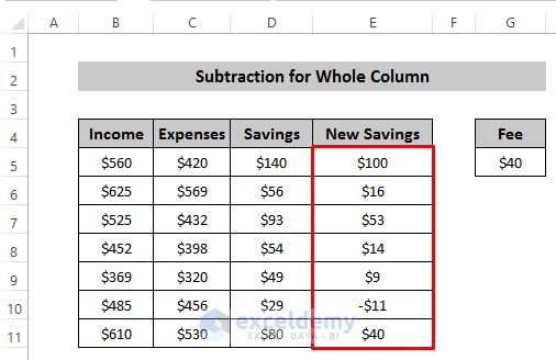 Subtraction for Whole Column in Excel