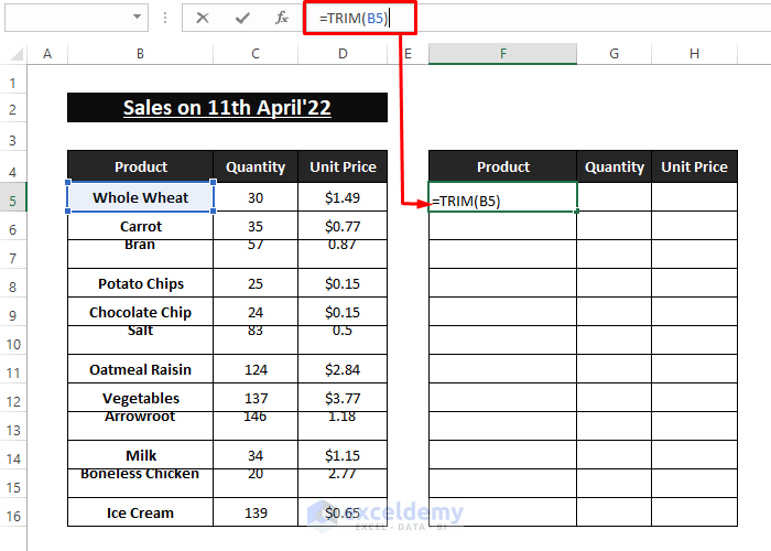 TRIM Function-Remove Space in Excel Between Rows