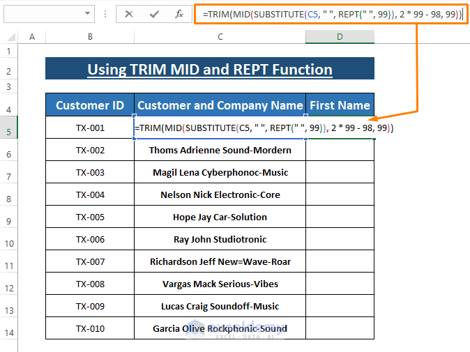 TRIM and MID Function-Excel Extract Text Between Two Spaces