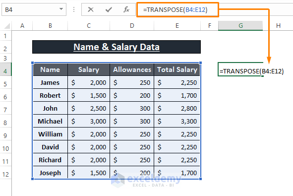 Transpose Function-Excel Transpose Multiple Columns to Rows
