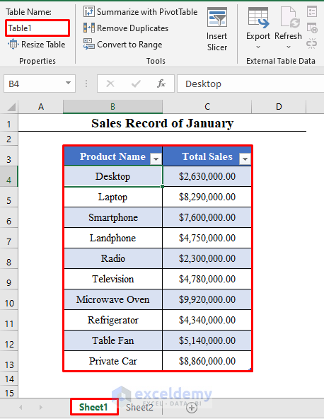 Table 1 to Compare Two Tables for Differences with Excel VBA